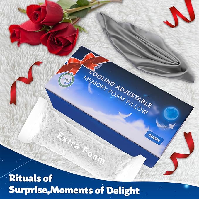 Cooling Side Sleeper Pillow for Neck and Shoulder Pain, Luxury Shredded Memory Foam Curved Bed Pillows for Sleeping Set of 1- Adjustable Queen Size- Washable Cover Crescent White&Extra Grey Pillowcase