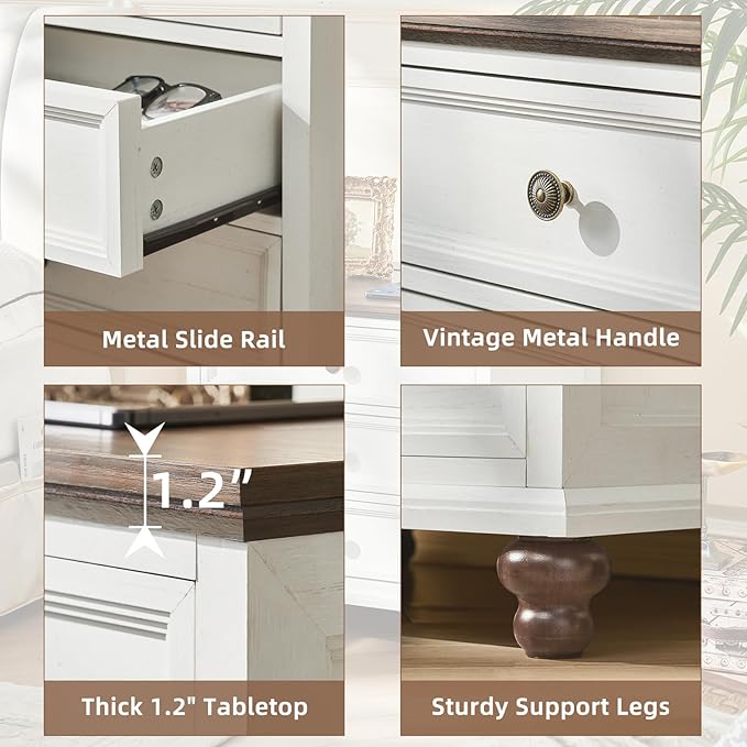 Farmhouse Nightstand Set of 2 with Charging Station, 24" Wide End Table with 3 Drawers,Dresser for Bedroom,Bed Side Table Chest of Drawers Cabinet,Wood White Night Stand for Living Room