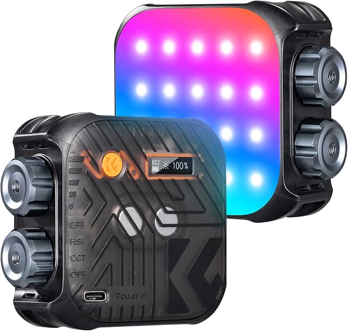 K&F CONCEPT RGB Video Light, 360° Full Color Portable Photography Light, LED Camera Light w 21 Light Effects, 2500K-9900K CRI 96+, 2000mAh Rechargeable Photography Lighting for Vlogging, Selfie, Black