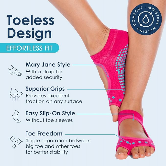 Tucketts Toeless Pilates Socks with Grips for Women, Non-Slip Yoga & Barre Socks for Stability & Barefoot Workouts, Size 6-13
