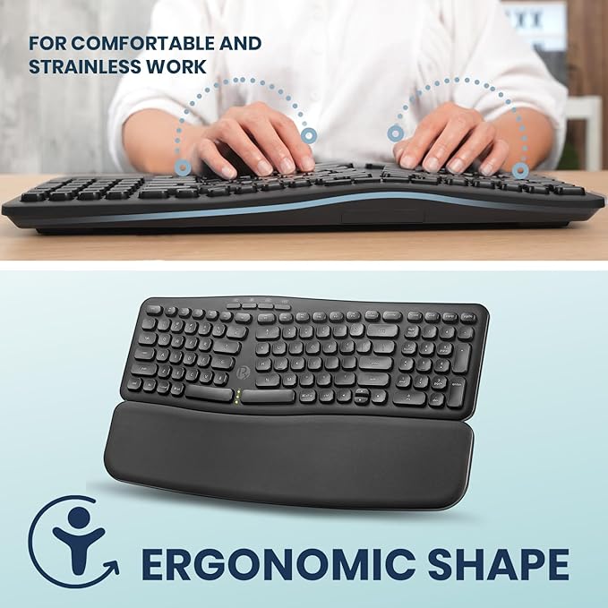 Perixx PERIBOARD-636B US, Wireless Ergonomic Compact USB Keyboard - Wireless 2.4G Technology - Build-in Number Pad - Detachable Wrist Rest - - Silent Typing - Black