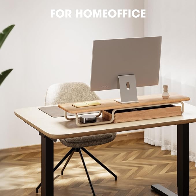 Fenge Dual Monitor Riser, 37 Inch Monitor Stand for Desk, Solid Wood Desk Shelf with Large Drawer Organizer, No Assembly Computer Stand for PC, Laptop, Printer, TV