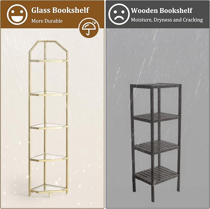 5-Tier Corner Shelf Stand, Gold Corner Bookshelf, Bathroom Storage Rack Shelf, Plant Rack, Tempered Glass, Steel Frame, Modern Style for Living Room, Bathroom, Kitchen, Metallic Gold