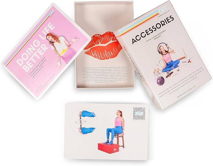 OnlinePilatesClasses Pilates Accessories Flashcards, 79 All-Levels Illustrated Cards Deck Set, Low Impact Home Fitness Workouts Guide with Postures & Routines, Workout Planner with Tips and Videos