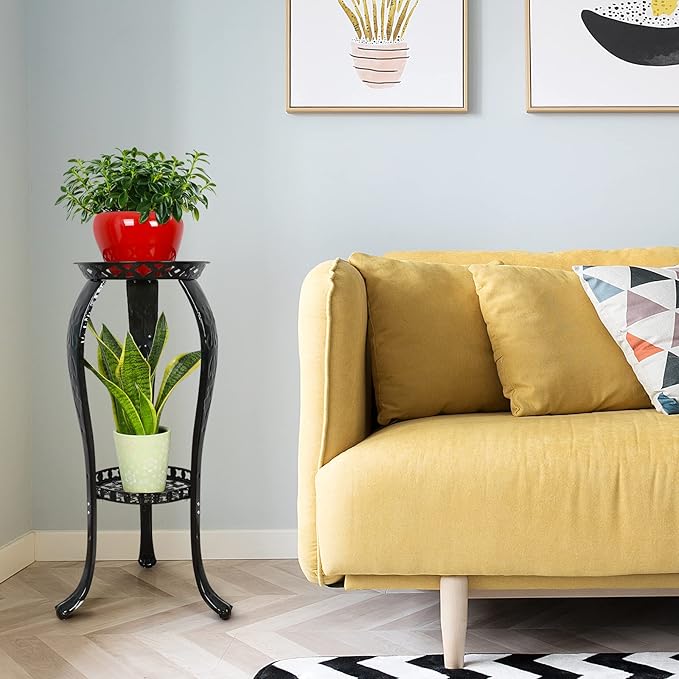 Ufine 2 Tier Metal Plant Stand Indoor Outdoor Iron Art Flower Pot Holder Tall Plant Display Rack for Corner Porch 2-Pack, Black