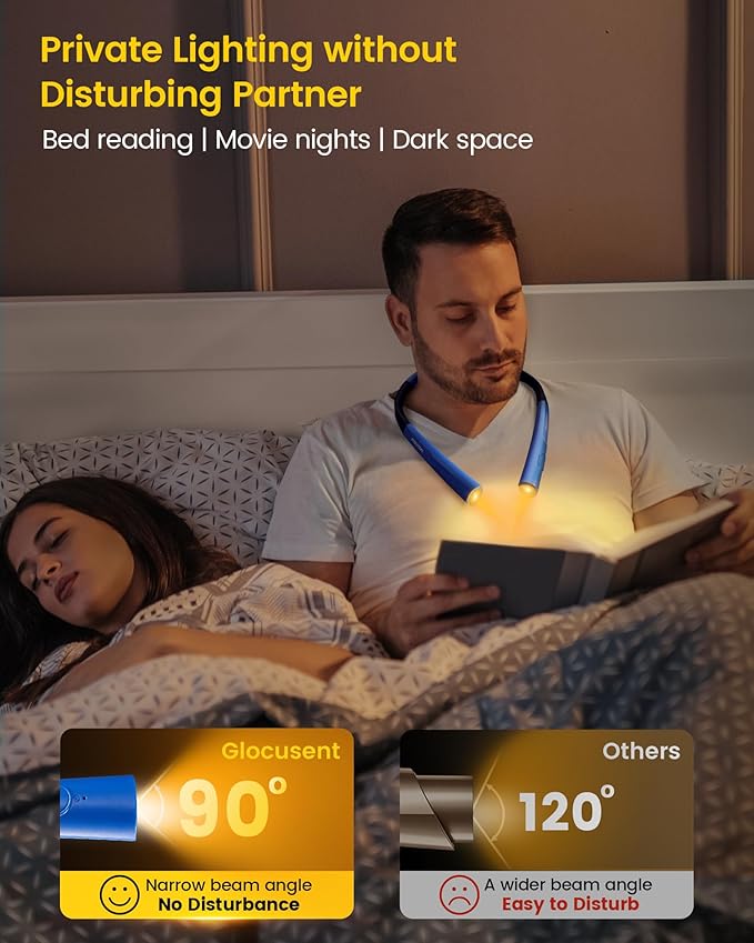Glocusent Upgraded LED Neck Reading Light, Book Light for Reading in Bed, 30-min Timer, 3 Colors & 3 Brightness Adjustable, Rechargeable & Long Lasting, Perfect for Reading, Knitting