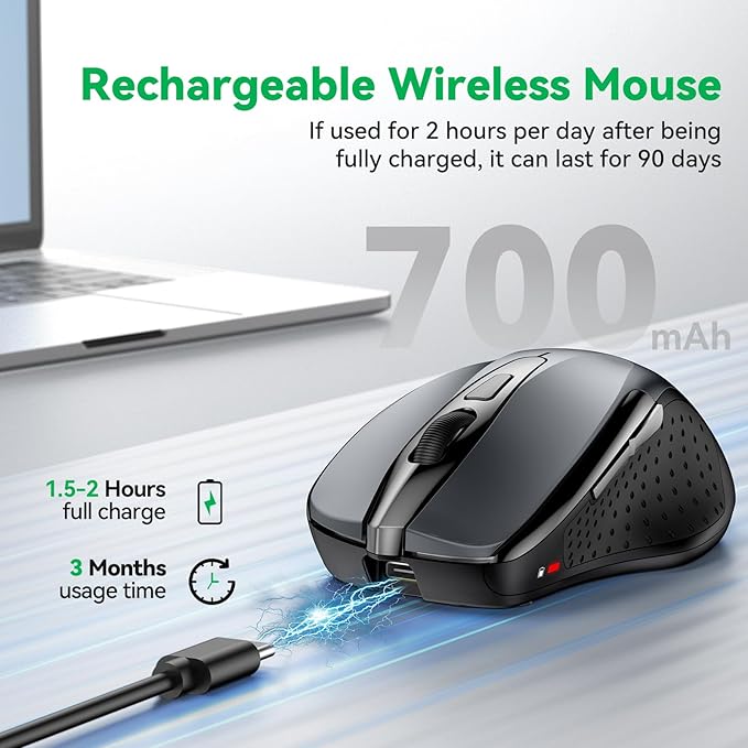 TechRise Bluetooth Mouse (BT5.0/3.0 & 2.4G) Rechargeable Wireless Mouse, 4800 DPI Optical Tracking, 6 Adjustable DPI, 2.4GHz with USB A Receiver, Quiet Clicks, Ergonomic Grips, 6 Buttons - Grey