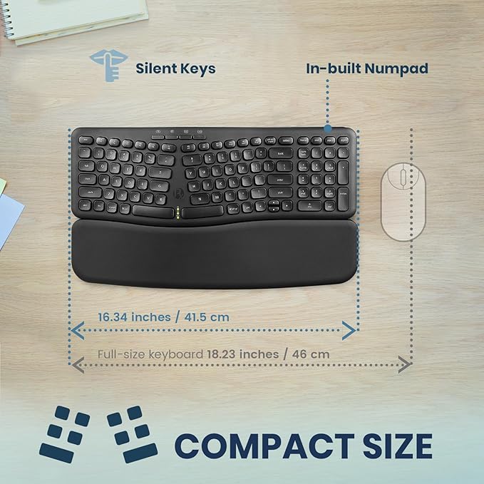 Perixx PERIBOARD-636B US, Wireless Ergonomic Compact USB Keyboard - Wireless 2.4G Technology - Build-in Number Pad - Detachable Wrist Rest - - Silent Typing - Black