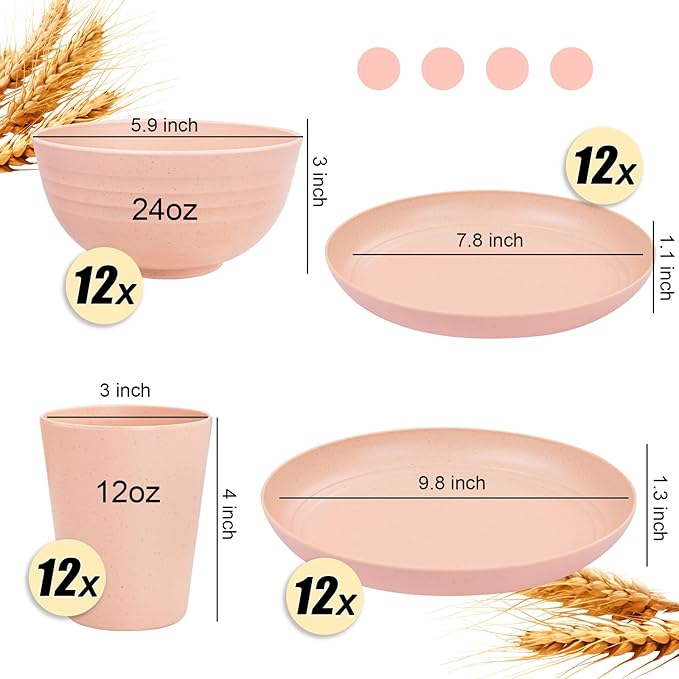 LIYH 48 Pcs Pink Wheat Straw Dinnerware Set, Plastic Plates and Bowls Dinnerware Set, Camping Dish Set for 12, Dishwasher Safe,Unbreakable Plates Reusable,Dish Sets Tableware