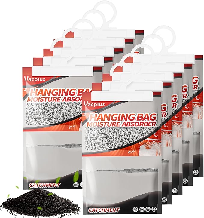 Vacplus Moisture Absorbers, Hanging Closet Dehumidifier Bags, Humidity Packs, Desiccant, Closet Dehumidifiers with Activated Charcoal, 10 Pack, 9.8 OZ