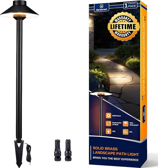 Outdoor Brass Pathway Lights - Black Low Voltage Landscape Path Lighting Wired, 12v Walkway Light LED IP65 Waterproof, Hat-Top for Outside Garden Yard Driveway G4 Bulb Not Included