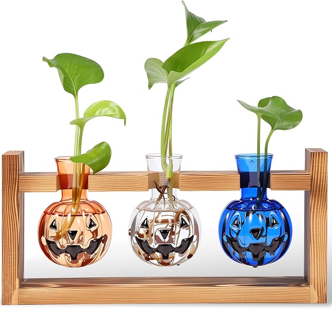 Halloween Plant Propagation Stations Plant Terrarium with Wooden Stand Hydroponics Glass Vase Planter for Halloween Home Office Garden Table Decoration(Pumpkin)