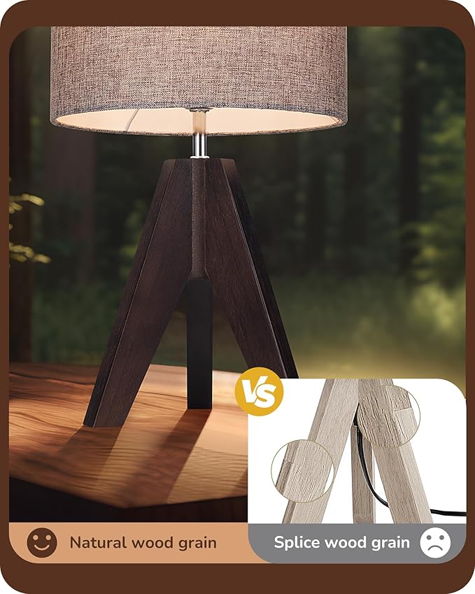 EDISHINE Boho Small Table Lamp, Walnut Color Wooden Tripod Bedside Lamp, Farmhouse Nightstand Lamp for Nursery, Bedroom, Office, Kid Room, Living Room, Grey Linen Lampshade, E26 Socket, 14.2 Inch