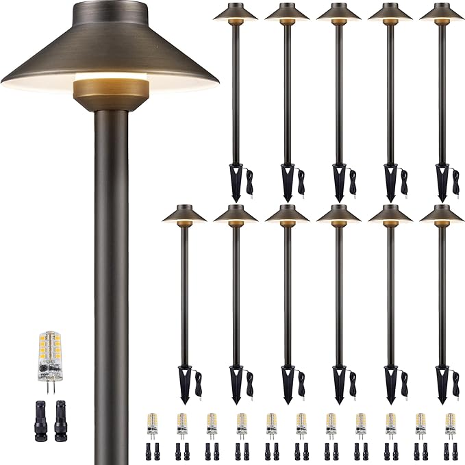 Brass Low Voltage Path Lights, 12V Landscaping Pathway Light IP65 Waterproof, Wired Walkway Lighting Outdoor, LED Bronze for Lawn Backyard with 3W 3000K Soft White G4 Bulb (12 Pack)