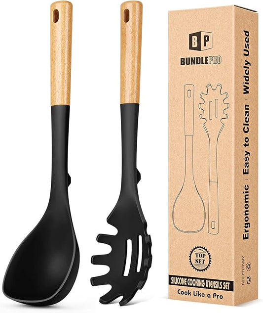 Silicone Soup Ladle and Spaghetti Spoon Set with Wooden Handle, Non Stick Heat Resistant Kitchen Utensils for Cooking, Stirring, Serving Pasta, Soup & Sauce(BLACK)