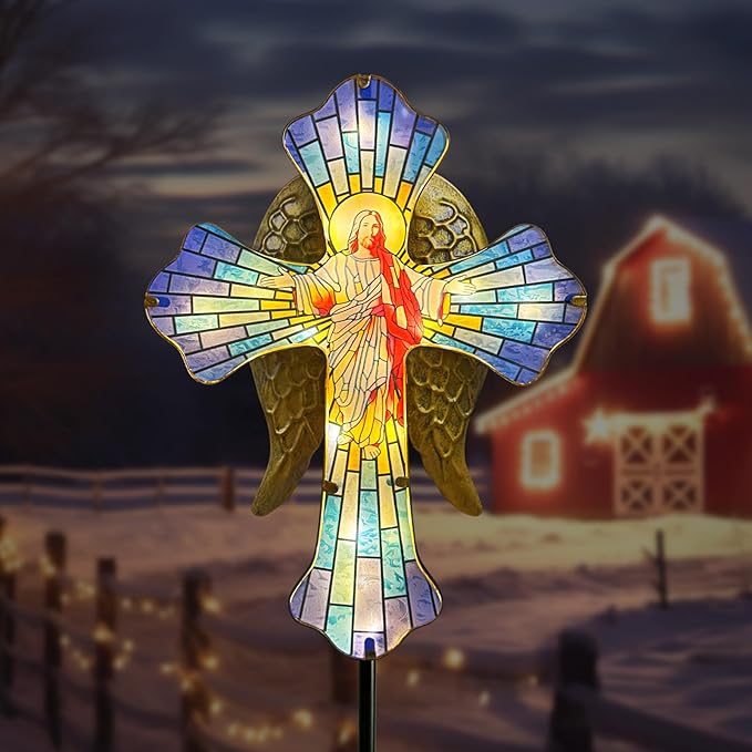 Solar Jesus Cross for Gemetery Graver,Golden Angel Wings,Grave Decorations for Cemetery,Sympathy Memorial Gifts,Christmas Yard Decor Outdoor