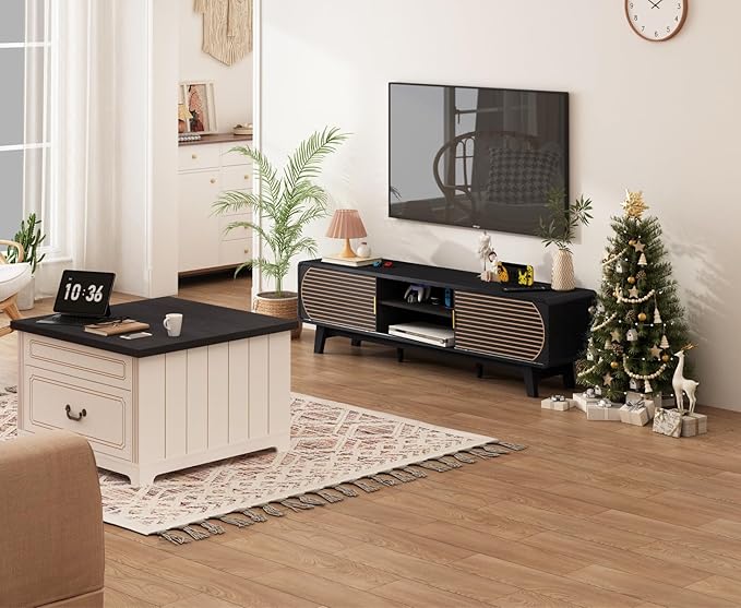 Mid Century Modern TV Stand for 55/60/65 Inch TV, 63" TV Console Table with Fluted Sliding Doors, Entertainment Center and Media Console with Storage for Living Room (Black)