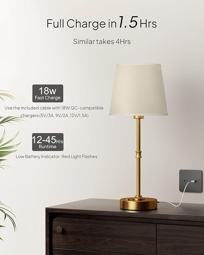 EppieBasic Cordless Table Lamp Rechargeable: Fast Charging & Long Lasting - 2700K Warm Light Vintage Gold Lamps for Women Housewife - Dinning Living Room Bedroom - 2 Pack
