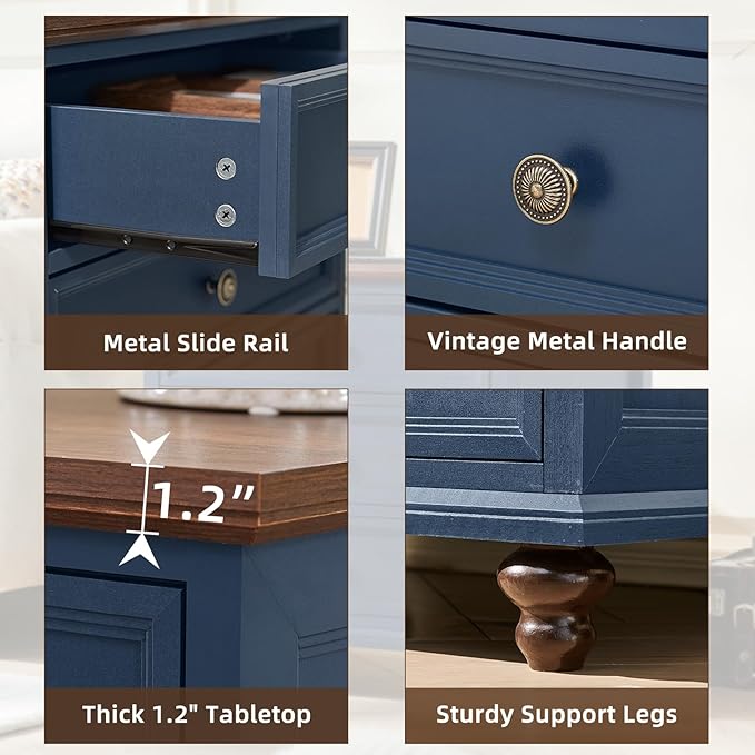 Farmhouse Nightstand with Charging Station, 24" Wide End Table with 3 Drawers,Blue Wood Dresser for Bedroom, Bed Side Table Chest of Drawers Cabinet,Night Stand for Living Room, Closet