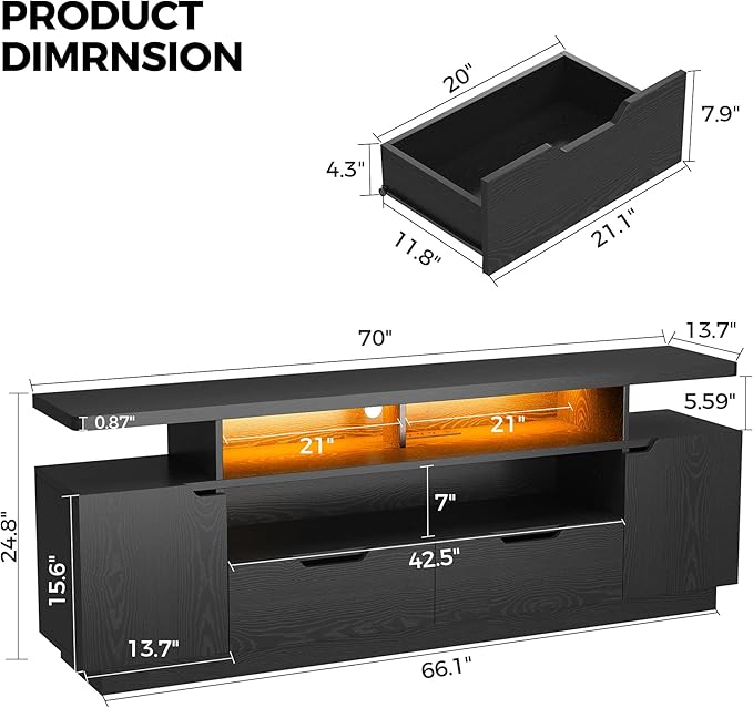 IRONCK TV Stand for TVs 85 inch with Power Outlet and LED Lights, Entertainment Center with Storage Cabinets, Media TV Console with Drawers, Modern TV Stand for Living Room, Black