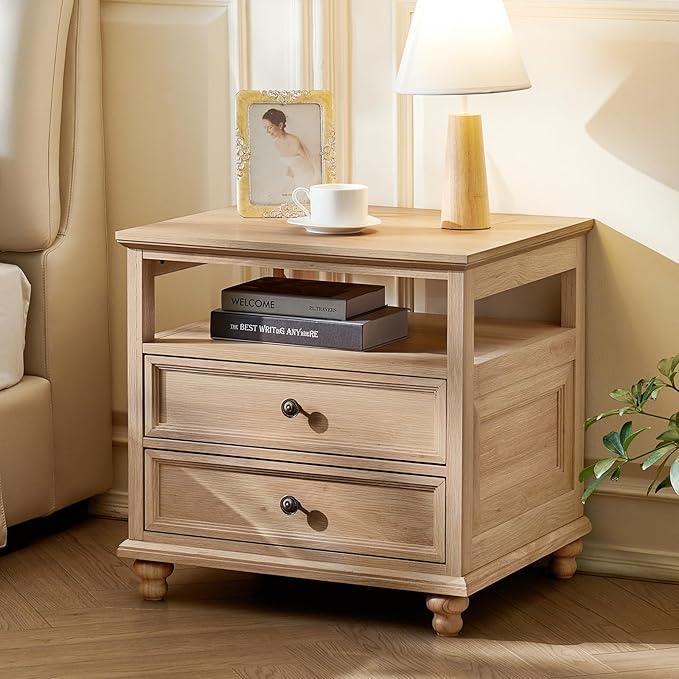 24" Wide Farmhouse Night Stand Set of 2,Large End Table with 2 Drawers & Metal Handle,Natural Wood Dresser for Bedroom, Bed Side Table Chest of Drawers Cabinet, Nightstand for Living Room