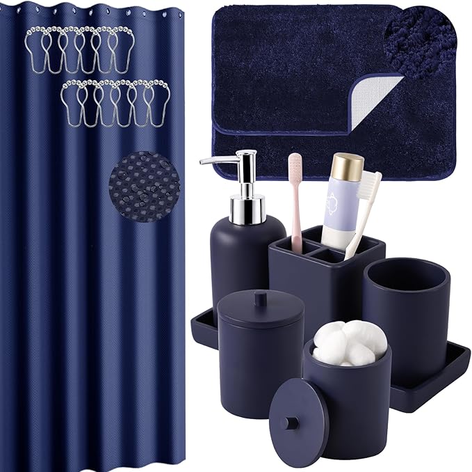 21 Pcs Bathroom Accessory Set with Waterproof Shower Curtain and Non Slip Mat,Resin Bath Set with Toothbrush Holder and Lotion Soap Dispenser,Bathroom Countertop Organizer Set for Home Apartment