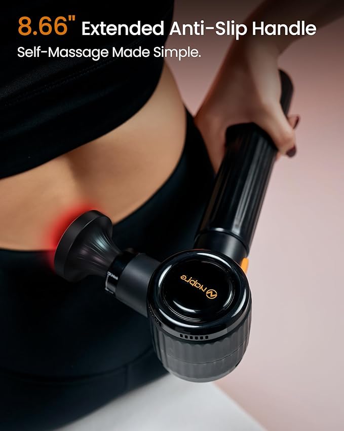 NAPRE Massage Gun with Heat,Massage Gun Deep Tissue with Extension Handle & 3 Adjustable Angles,Handheld Percussion Back Massager for Muscle/Neck/Body Pain Relief with Portable Case,Black