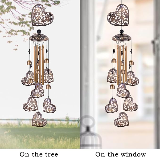 Outdoor Hearts Wind Chimes, Bronze Wind Chimes, Heart-Shape Wind Bells Gifts for Mom & Women, Heart Memorial Wind Chime for Home, Garden, Indoor, Outdoor Decoration, Garden Windchimes