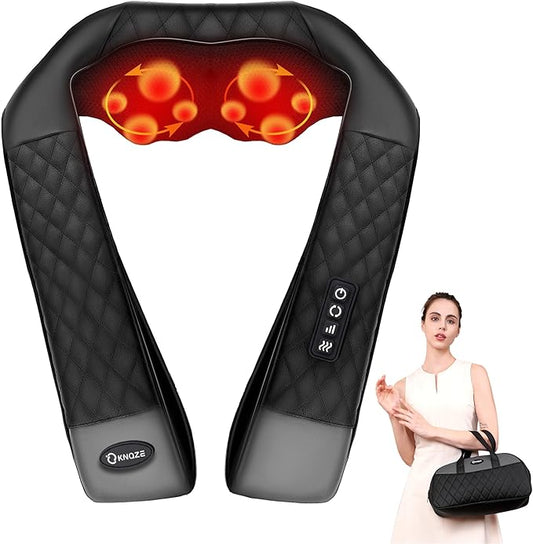 KNQZE Shiatsu Neck and Shoulder Massager with Heat, Electric Deep Kneading Massage for Back, Shoulder, Leg, Body Muscle Pain Relief, Gift for Women Men Mom Dad, NOT Cordless, (with Leather Handbag)