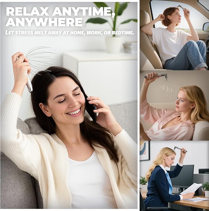 Head Massager Scalp – Electric Scalp Massagers with L-Handle, Waterproof Head Scratchers & Hair Massage Tool with 20 Metal Fingers for Stress Relief, Stocking Stuffers Gift for Women & Men