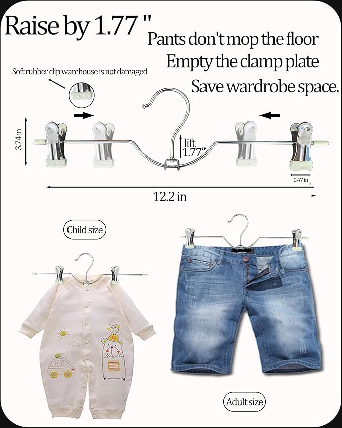 HGYZE Metal Skirt Hangers for Women, Short Neck Pants Hangers with 2-Adjustable Clips, 360° Swivel, Non Slip White Grip for Slacks Trousers Shorts Jeans, Stackable Hooks for Space Saving 20 Pack