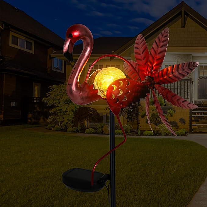 Flamingo Solar Light Wind Spinner Outdoor Garden Decoration, Waterproof Garden Stake LED with Cracked Glass Ball, Gift for Mom, Lawn Ornaments for Pathway, Patio, Yard Decor Outdoor