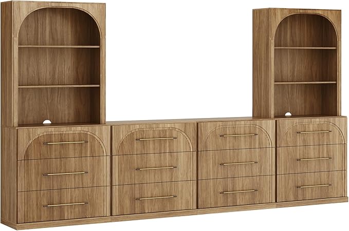 BELLEZE 6-Piece Modular TV Stand Set - 4 Sideboards with Drawers and 2 Storage Hutch, Classic Modern Media Console Table Cabinet with Adjustable Shelves for Living Room (Camel)