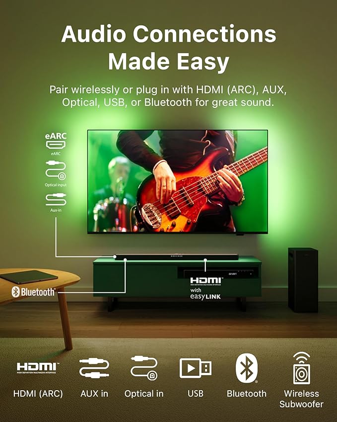 PHILIPS B6309 2.1 Channel Soundbar with Wireless Subwoofer,3D Surround Sound with DTS Virtual:X & Dolby Atmos,Easy Setup with Roku TV Ready™,APP or Remote Control,HDMI eARC,Slim Design,Dark Grey