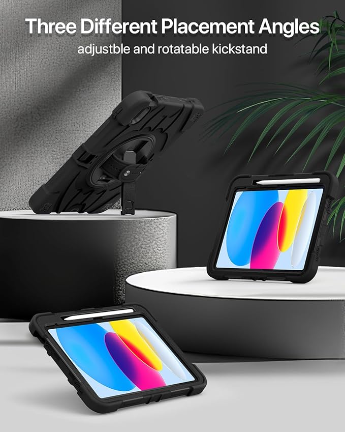 for iPad(A16) 11 inch 2025 case/10.9 inch iPad 10th Generation Case, Heavty Duty Shockproof Full Protective Case with Screen Protector and Rotatable Hand Strap, Shoulder Strap (Pure Black)