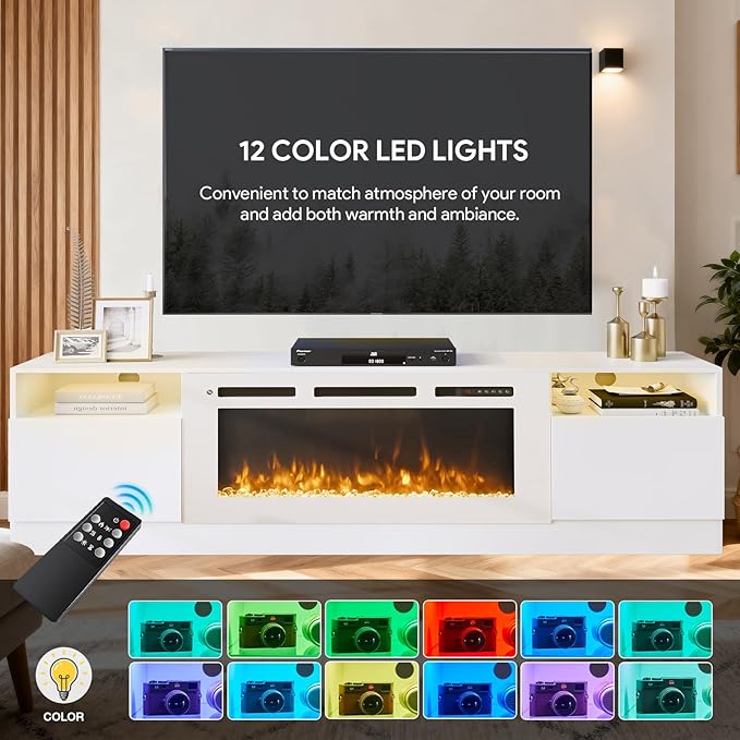 80” TV Stand with 36” Electric Fireplace, Large Modern Media Entertainment Center with Storage Cabinet and 12 Colors LED Lights for TVs Up to 90",All Black