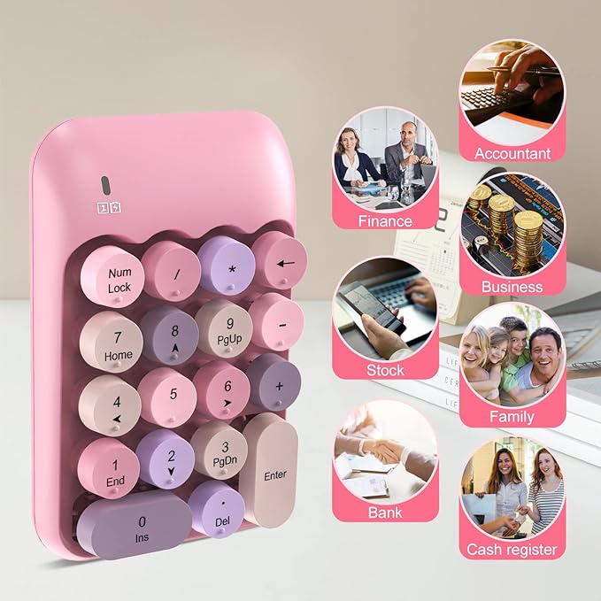 PINKCAT Wireless Number Pad, Cute 18 Keys Numeric Keypad with 2.4G Mini USB Receiver, Portable Silent Number Numpad Financial Accounting for Laptop, PC, Notebook, Desktop, Surface - Pink Mix