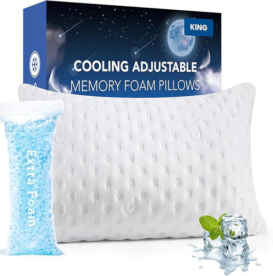 Cooling Side Sleeper Pillow for Adults, Firm Bed Pillow for Side Sleepers Neck and Shoulder Pain, Luxury Shredded Memory Foam Pillow Set of 1- Adjustable King Size- Washable Cover Original White