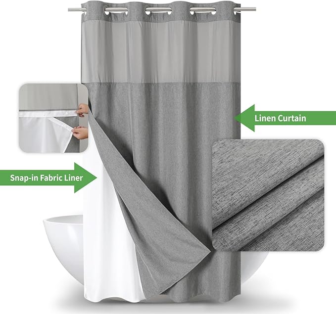 Stall No Hooks Needed Linen Textured Shower Curtain with Snap-in Fabric Liner Set,Hotel Luxury Decor Farmhouse Shower Curtains for Bathroom,Waterproof & Washable,54Wx80H,Grey/Gray
