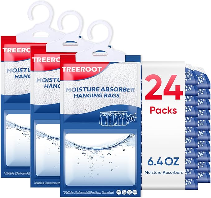 24 Pack Moisture Absorbers for Closet, 6.4OZ Hanging Closet Dehumidifier Bags, Hanging Humidity Absorber in Wardrobes, Kitchens and Bathrooms, Fragrance Free Portable Moisture bags