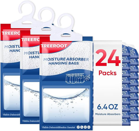 24 Pack Moisture Absorbers for Closet, 6.4OZ Hanging Closet Dehumidifier Bags, Hanging Humidity Absorber in Wardrobes, Kitchens and Bathrooms, Fragrance Free Portable Moisture bags