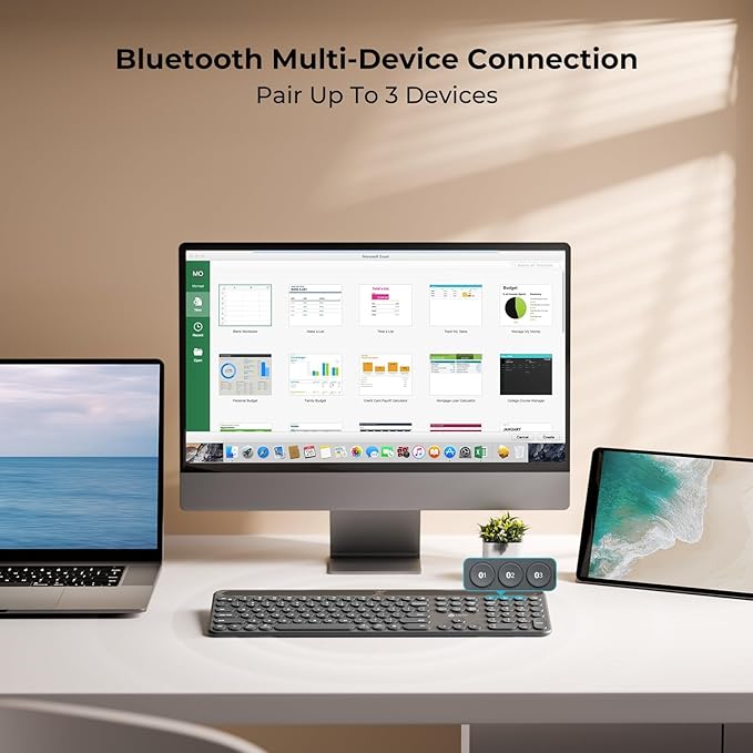 iClever Solar Bluetooth Keyboard, Wireless Keyboard with Solar & Indoor Light Charging, Full Size, 3-Device Connectivity, Silent Scissor Round Keys, Numeric Keypad for Office/Home/Mac/Windows