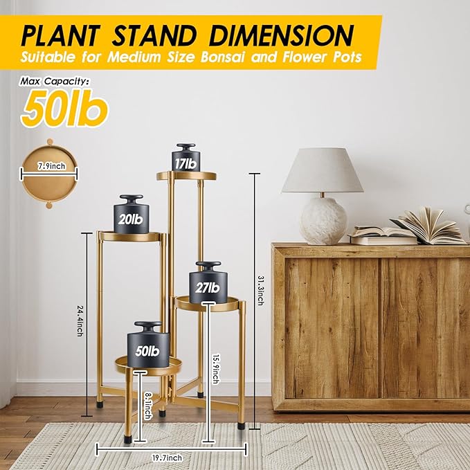 4 Tier Plant Stand Indoor Outdoor, 31 Inch Tall Metal Plant Shelf Waterproof, Plant Holder with Folding Design For Home, Living Room, New Upgrate Gold