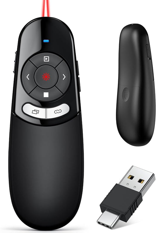 Presentation Clicker w Laser Pointer Presenter Clicker w Hyperlink Volume Control, 2.4GHz PPT Clicker on Laptop Computer, Presentation Remote Clicker for Office Classroom