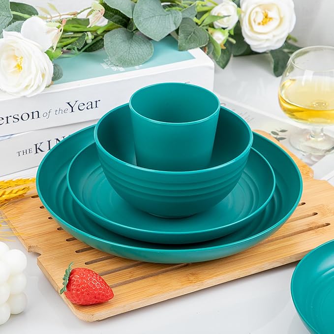 LIYH 48 Pcs Green Wheat Straw Plates and Bowls set - Plastic Dinnerware Set - Dishwasher Safe Camping Plates Dishes Set for 12, Unbreakable Wheat Straw Plate Bowls Reusable 12 Guests