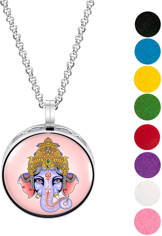Wild Essentials Ganesha Enamel Finish Essential Oil Diffuser Necklace Gift Set - Includes Aromatherapy Pendant, 24" Stainless Steel Chain, 8 Color Refill Pads