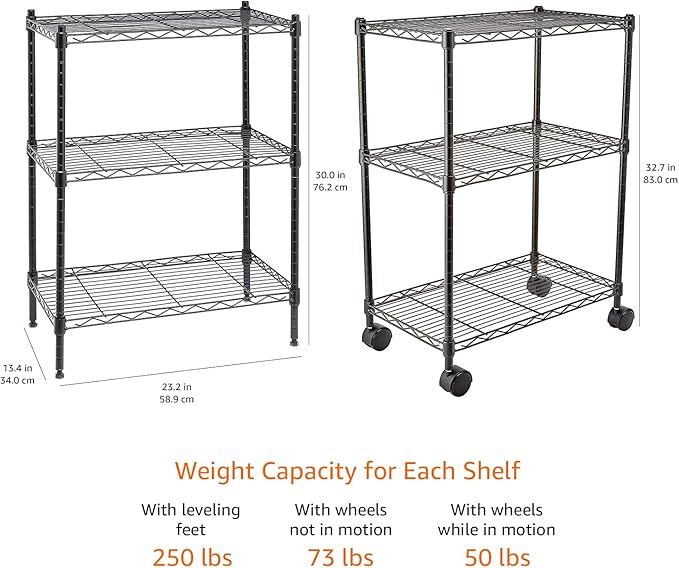 Amazon Basics 3-Shelf Adjustable, Heavy Duty Storage Shelving Unit on 2'' PP Plastic Wheel Casters, Metal Organizer Wire Rack, 23.2" L x 13.4" W x 32.75" H, Black