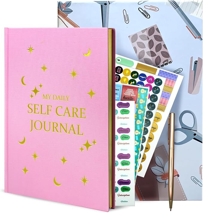 Gratitude Journal, Daily Reflection Journal for More Happiness, Mindfulness & Affirmation, Self Care Journals for Women & Men, 6 Inspirational Stickers and Ballpoint Pen, Pink