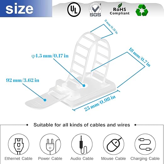 Adjustable 3M Adhesive Cable Management Clips 100Pcs, Large self Adhesive Cable Ties Clips ，Suitable for Cable Management Under desks and on Walls(White)