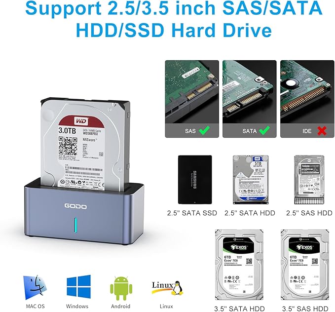 GODO SAS/SATA Hard Drive Docking Station Adapter, 2.5/3.5 inch USB 3.0 External SAS Enclosure, HDD SSD Converter with 12V/2.5A Power Adapter 20TB 10Gbps Tool Free…